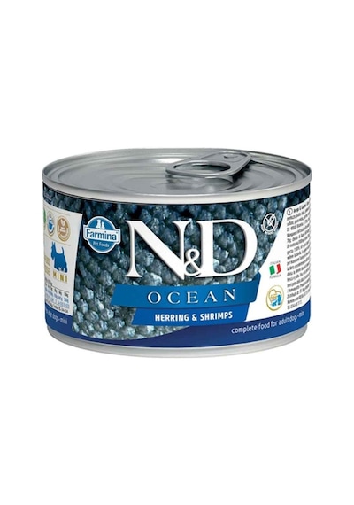 N&D Ocean Tahılsız Ringa Balığı ve Karidesli Konserve Mini Irk Yetişkin Köpek Maması 140 G