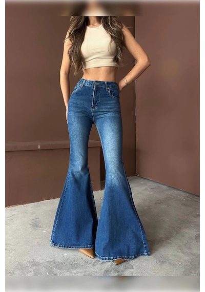Extra Geniş Paça Yüksek Bel Likralı İspanyol Jeans Çok Renkli Extra Geniş Paça Yüksek Bel Likralı İspanyol Jeans Çok Renkli