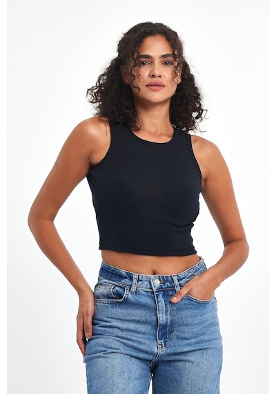 Comeor Kadın Siyah-gri-beyaz-lacivert Fitilli Görünümlü Askılı Kalın Esnek Örme 4'lü Basic Crop Atlet Bluz