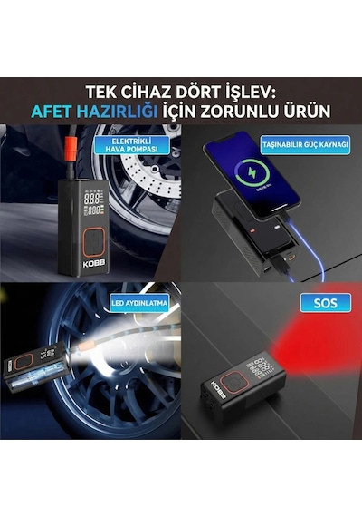 Kobb Kb412 Li-ion Şarjlı 150 Psı Dijital Göstergeli Akıllı Lastik Şişirme Pompası+ Powerbank + Sos +