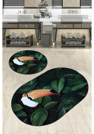 Yeşil Yapraklı Banyo Halısı Klozet Oval Paspas Seti Bs088n11