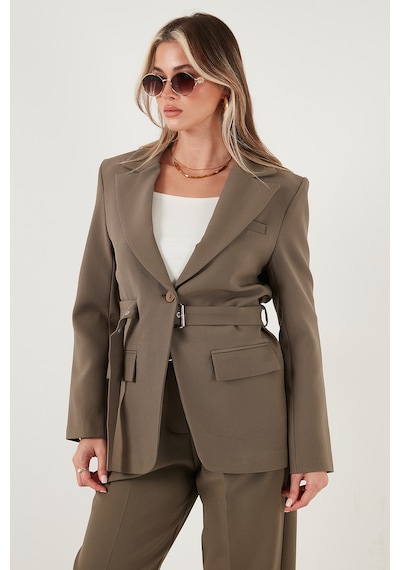 Lela Regular Fit Kruvaze Yaka Kemerli Blazer Bayan Ceket 6839367 Haki