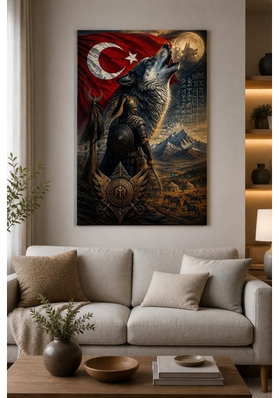 Türk Motifi Kurt Ve Bozkurt Temalı Baskılı Cam Tablo Uv Baskı Dekoratif Duvar Tablosu