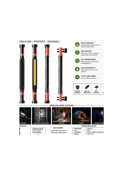 40w Cob Led Şarjlı Çalışma Lambası Mıknatıslı Askılı Type-c Gs2080 Evimdeyokyok Çok Renkli