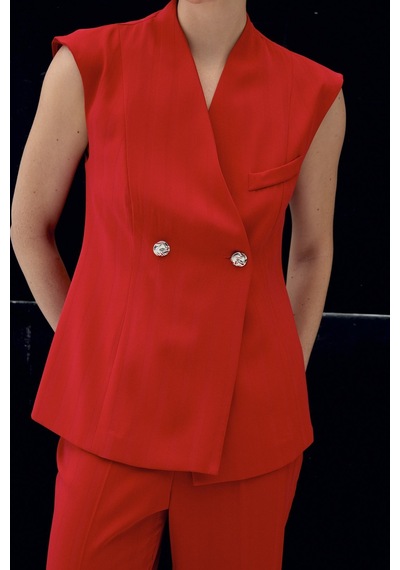 Sateen Anna Çizgili Yelek - Kırmızı-137104 Kırmızı