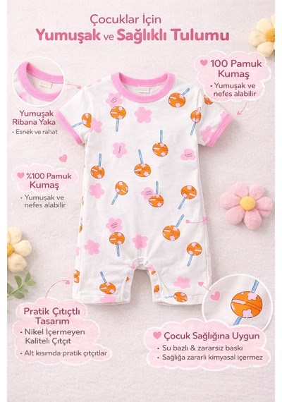 Harika Kids Kız Bebek Desenli Tulum %100 Pamuk Penye Kısa Kollu Yazlık Tulum Beyaz
