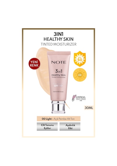 Note Cosmetique 3 in 1 Healthy Skin Light Tinted Moisturizer SPF 50 Renk Ton Eşitleyici Aydınlatıcı Krem 00 Açık Ton