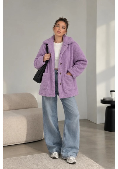 Bb Butik Basic Kadın Peluş Düğmeli Cepli Rahat Kesim Ceket Zg9016 Lila
