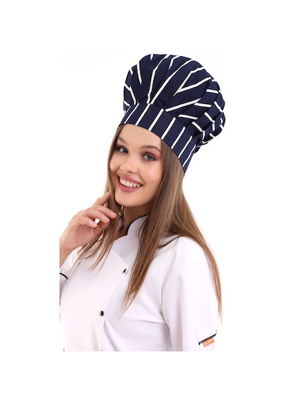 Lacivert Beyaz Çizgi Desenli Aşçı Mantar Şapka - Unisex-Standart-Tek Parça
