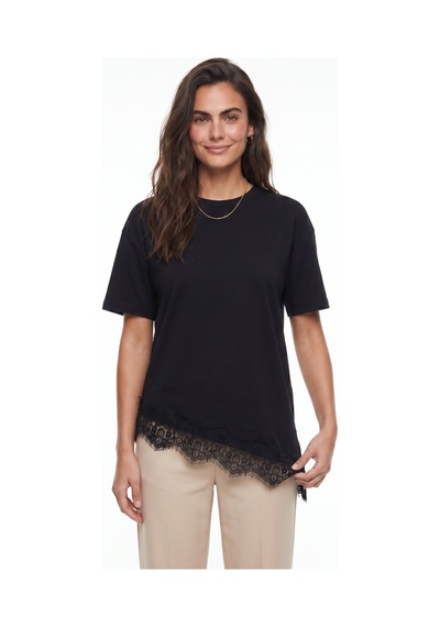 Onloox Kadın Siyah Siyah Yumuşak Kumaş Kısa Kollu Rahat Kalıp Asimetrik Kesim Dantel Detaylı T-shirt