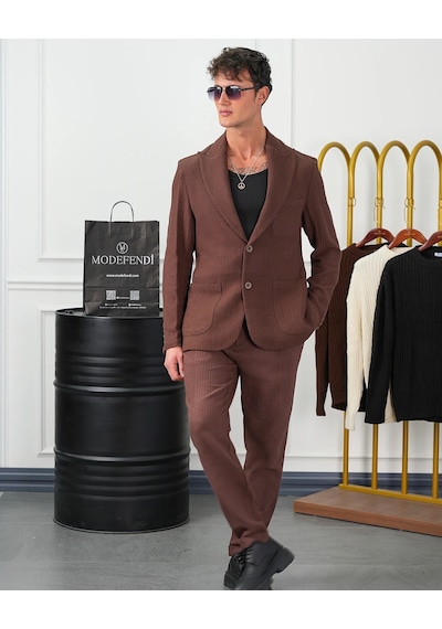 Modefendi %100 Pamuk Keten Modern Fit Örgü Kemer Detaylı Keten Takım Elbise Kahverengi Modefendi %100 Pamuk Keten Modern Fit Örgü Kemer Detaylı Keten Takım Elbise Kahverengi