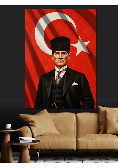 Ahşap Tablo Bayrak Önünde Atatürk Resmi