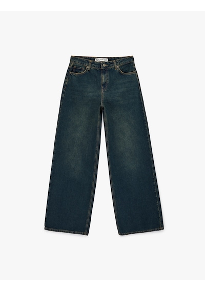 Koton Rahat Kalıp Düz Paça Düğmeli Cepli Denim Pantolon - Loose Straight Fit Jean Koyu İndigo 6sal40099md İndigo