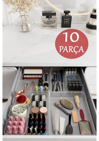 10 Parça Şeffaf Çekmece İçi Düzenleyici - Banyo Makyaj Ve Takı Organizer Mega Set Şeffaf