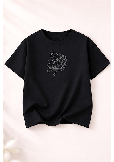 Herkesemoda Kuğu Baskılı Kadın Bisiklet Yaka Pamuklu T-shirt Siyah