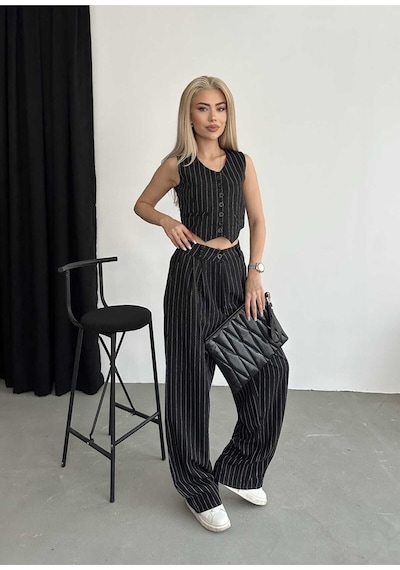 Unika Boutique Çizgili Astarlı Yelek Pantolon Takım siyah