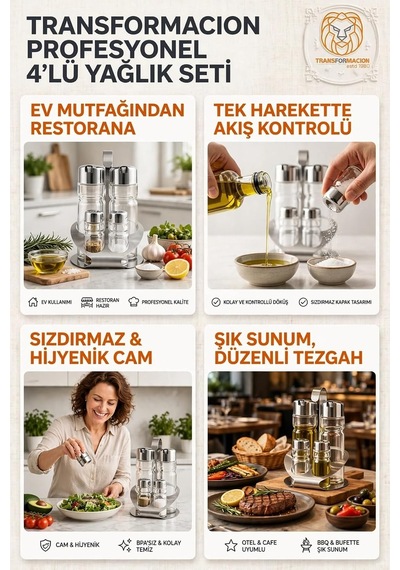 4'lü Paslanmaz Çelik Stantlı İçi Cam Yağlık Sirkelik Tuzluk Biberlik Seti Menaj Takımı 723501 Diğer