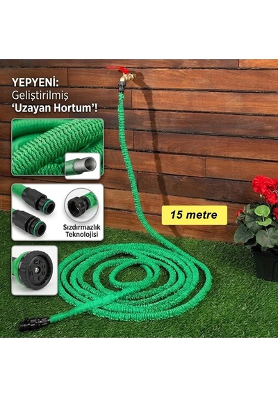 15 Metre Uzayan Bahçe Sulama Araç Yıkama Hortumu 7 Kademeli Başlıklı Tabanca - Fc1230