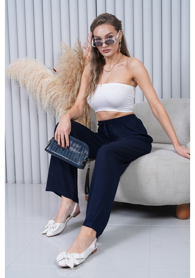 Polologin Butik Beli Bağcıklı Yüksek Bel Bol Paça Lacivert Pantolon Turkuaz