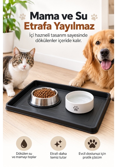 Kedi Köpek Mama Su Kabı Altlığı Yüksek Kenarlı Hazneli Tepsi Su Ve Mama Dökülmesini Önleyici Plastik Mat