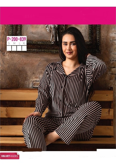 Sude Kadın Kışlık Gömlek Yaka Kadife Çizgili Pijama Takımı P200/839 - 1 Adet 001