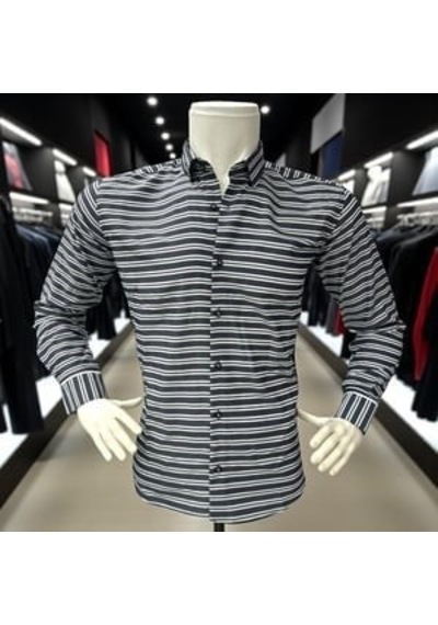 Klasik  Cotton Uzun Kollu Terletmeyen Kışlık 2 Renkli Çizgili Gömlek Slim Fit Antrasit