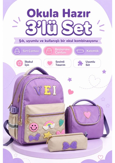 З'lü İlkokul Su Geçirmez Kumaş Çanta Seti Kız Çocuk Sırt Çantası + İçi Folyolu Beslenme Çantası + Kalemlik Mor Mor
