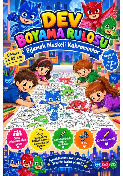 Pijamalı Kahramanlar Gece Ekibi Dev Boyama Kağıdı Boyama Rulosu Büyük Boy 5 Metre - 812100817