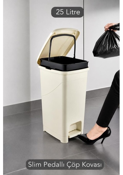 Omnipazar Srl-3029 Slim Pedallı Plastik Çöp Kovası İç Kovalı 25 Litre Bej