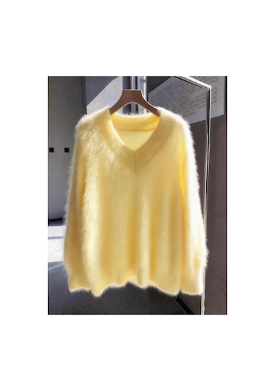 De Pose Kadın Oversize Peluş Yumoş Tüylü V Yaka Basic Triko Kazak Limon Sarı