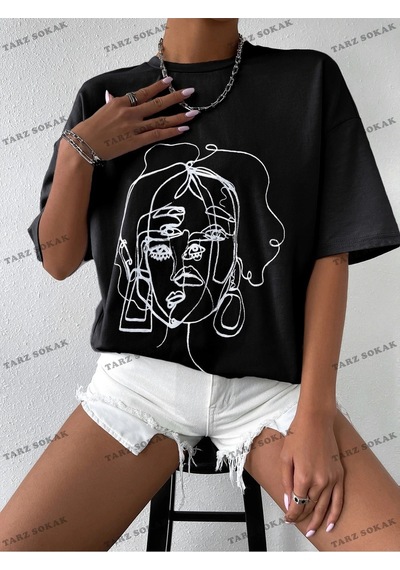 Startmore Unisex Bay Şekil Grafiği Düşük Omuzlu Tişört Kod-1310 Siyah