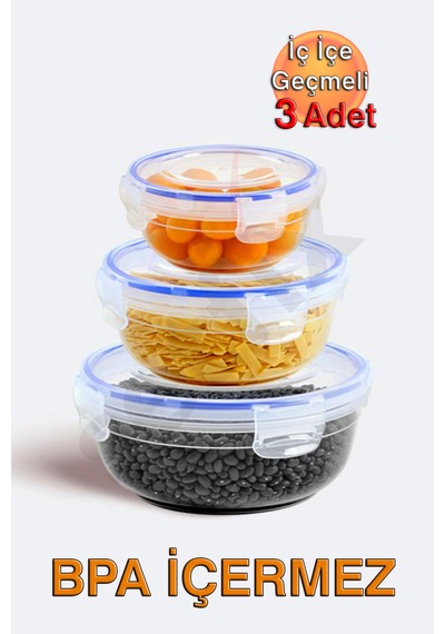 Lock&fresh Contalı Yuvarlak Saklama Kabı 400, 800, 1350ml Üçlü Set Mavi