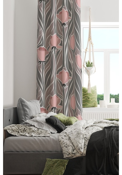 Mirror Flowers 1 Desenli Süet Oturma Odası Salon Fon Perde Baskılı Ekstrafor Büzgü Tek Kanat Çok Renkli