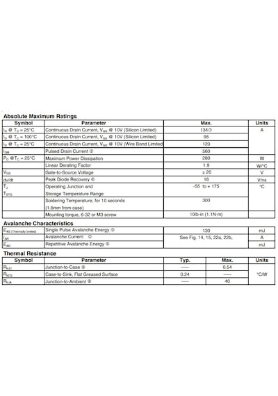 Irfp4310zpbf 100v, 134a, 4.8mohm Power Mosfet