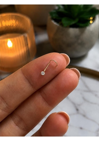 925 Ayar Gümüş Beyaz Taşlı Burun Hızması Piercing Minimal L Şekilli Unisex Nose Stud Gri