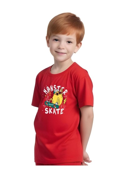Fyk Kids Erkek Çocuk Tişört-şort Skate Baskılı Alt-üst Takım Kırmızı