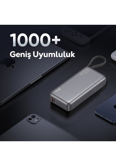 Juo 20000mah 165w Led Ekranlı Type-c Kablolu Powerbank Usb-a + Usb-c Apple Uyumlu Macbook Notebook Telefon Taşınabilir Pd Hızlı Şarj Cihazı Gri