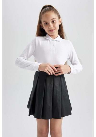 Defacto J0010a6-fw Kız Çocuk Uzun Kollu Polo Yaka T-shirt J0010A6-R1098 Beyaz