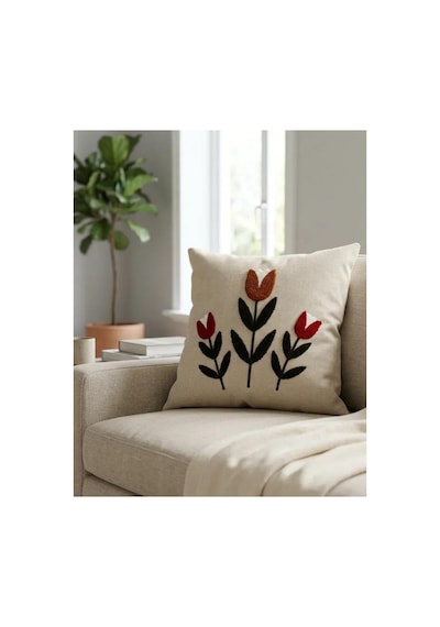 Punch Nakış Kırlent Kılıfı 2'li 40 Cm X 40 Cm Açık Kahverengi - Gri