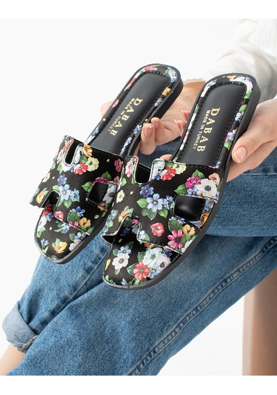 Dabab Shoes Florısa Kadın Çiçek Desenli H Bantlı Siyah Düz Taban Yazlık Terlik