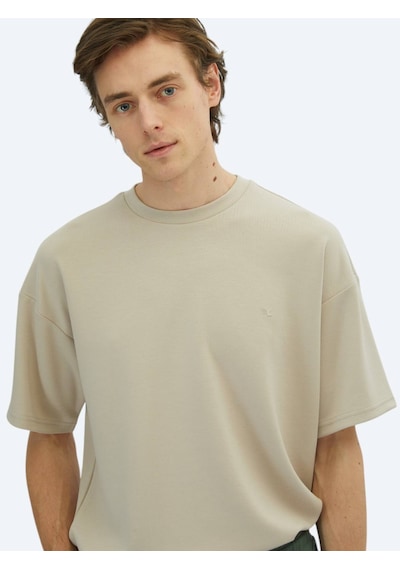 Kip Bej Düz Bisiklet Yaka T-shirt Bej