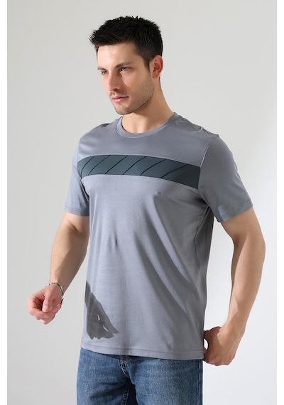 Erkek İki Renk Parçalı Bisiklet Yaka T-shirt - Pamuklu Tişört Gri