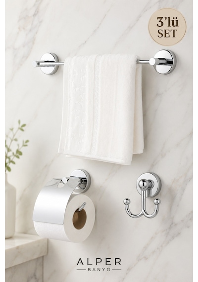 Alper Banyo Krom 3'Lü Banyo Seti, Düz Havluluk, Kapaklı Kağıtlık Ve Bornoz Askısı
