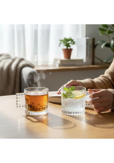 2 Adet Çay Kahve Kupası Kulplu Cam Bardak Çay Bardağı 280 Ml çok renkli