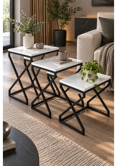 Sulorahome Modern Zigon Sehpa Seti Beyaz Ve Siyah Metal Ayaklı Beyaz Siyah Beyaz Renk- Siyah Metal Ayak