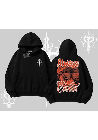 Always Chillin Kedi Arka Baskılı Kapşonlu Sweatshirt Siyah