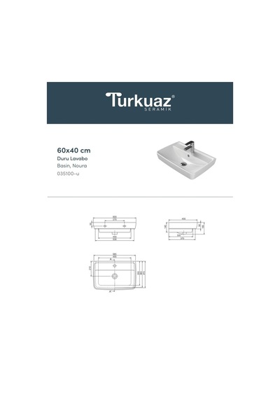 Turkuaz Seramik Cerastyle (Duru) Mobilya Uyumlu Lavabo 40 x 60