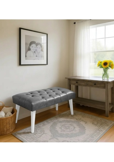 Waterybrook Bench Bank Puf - Suni Deri - Beyaz Ahşap Ayaklı - Retro Modern Tasarım & Dekoratif Sehpa Gri