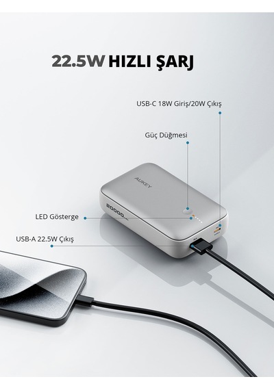 Aukey Pb-y57-wh 22.5w 20000 Mah Pd Ve Qc 3.0 Destekli Type-c Usb-a Powerbank - Beyaz