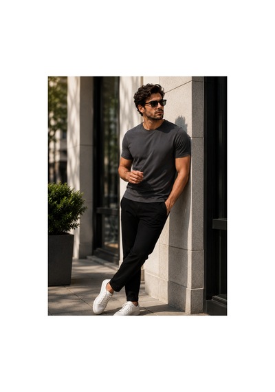 Luxıc Core Erkek Slim Fit Gri Bisiklet Yaka Pamuk Penye Günlük Rahat Basic Tişört
